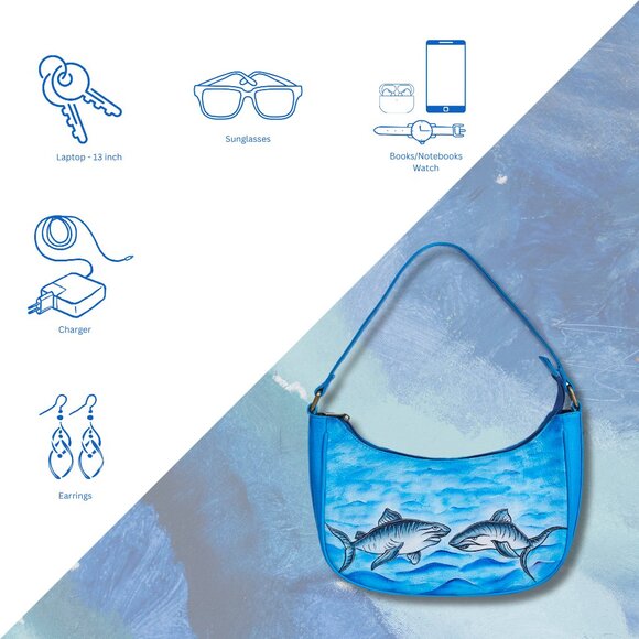 Hand-Painted Ladies Hobo Shoulder Bag –Ocean Blue Leather Tote Sling Bag Handbag - Picture 3 of 9